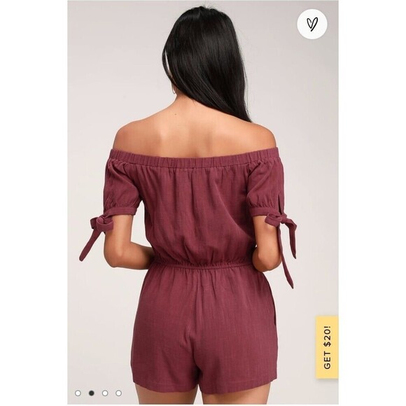 2 for $20 Lulus Georgiana Washed Burgundy Off-the-Shoulder Romper Size XS - Picture 4 of 9